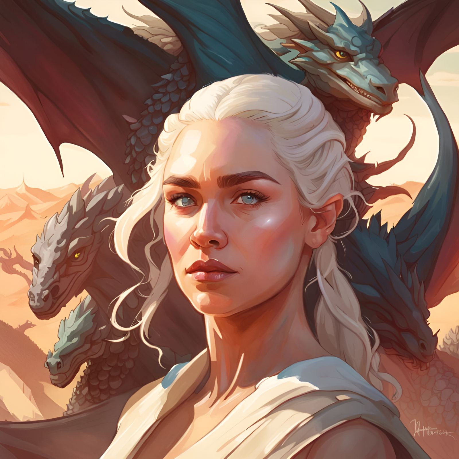 Daenerys Targaryen and Dragons over Desert Oasis