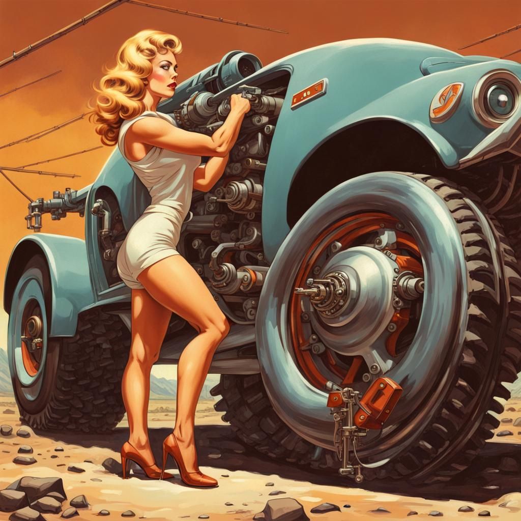 Retro-Futuristic Pinup Mechanic Fixing a Mech Car