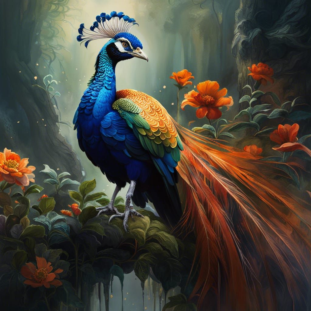 Vibrant Peacock in Orange, White, and Green Splash Art