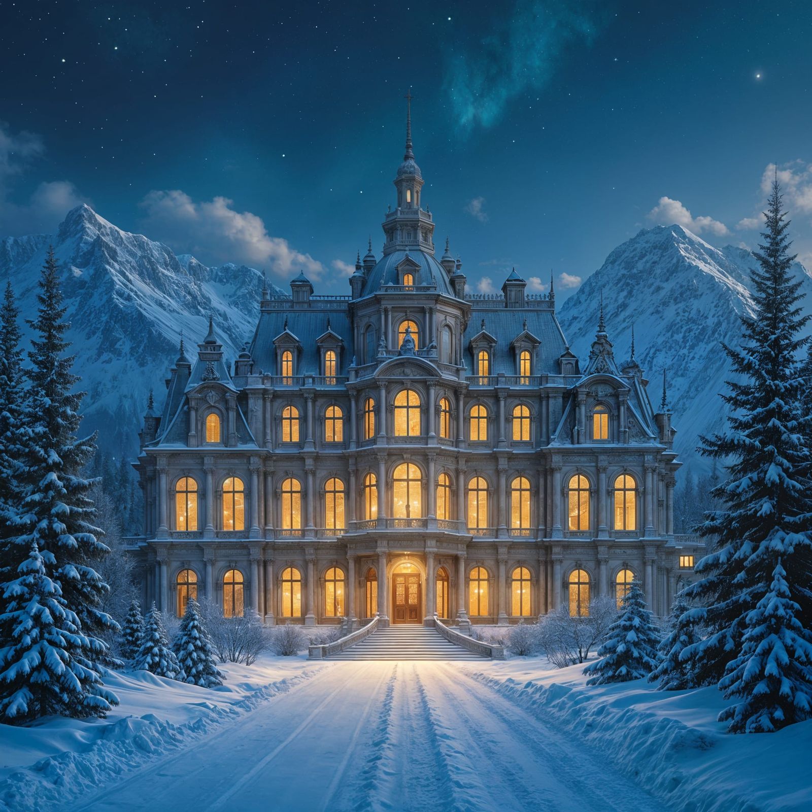 Palace Under a Starry Winter Night Sky