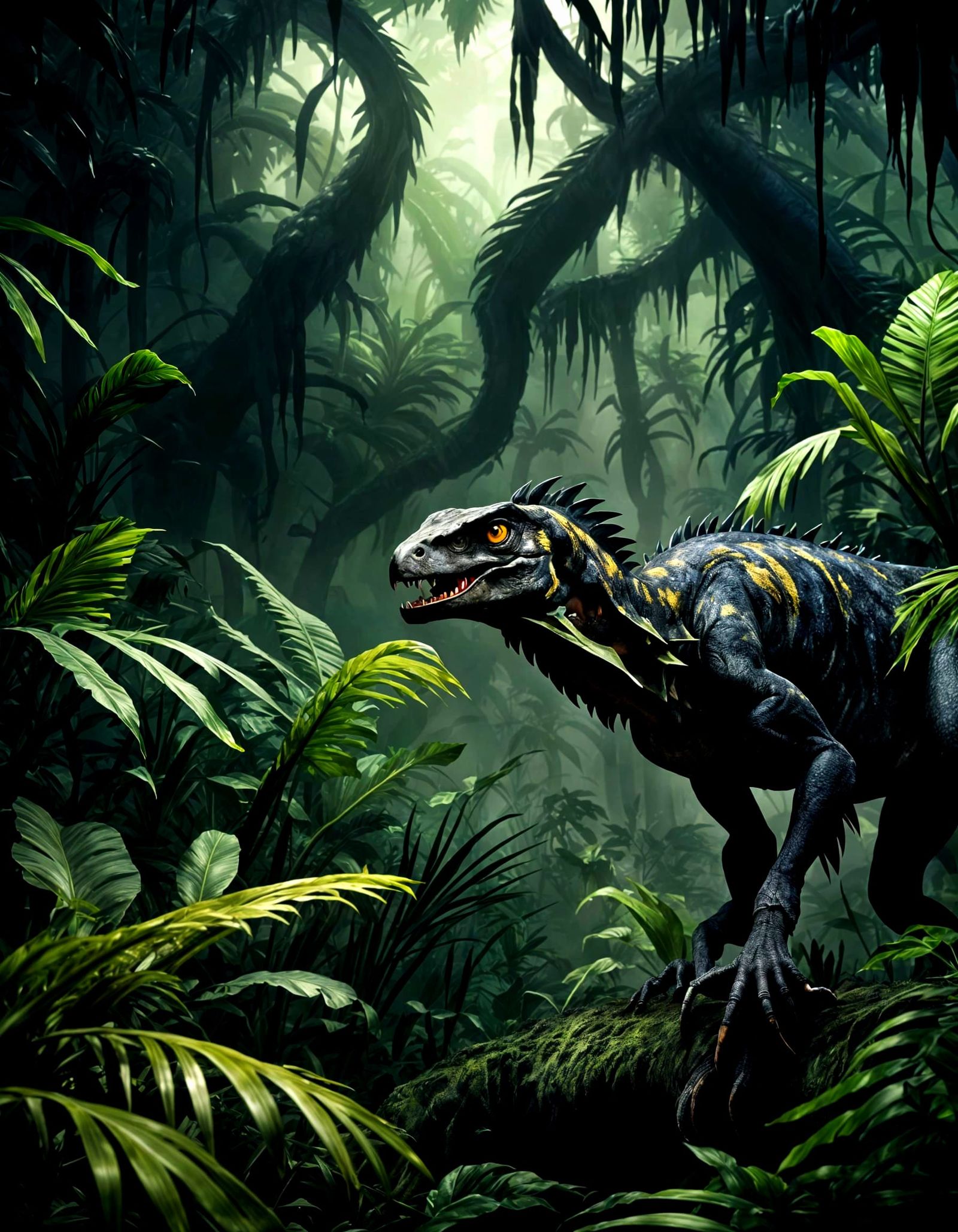 Mesozoic Carnivorous Raptor Emerges from Dark Jungle