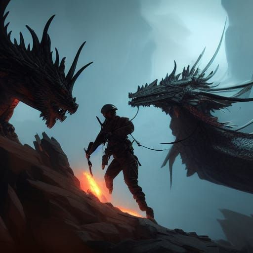 Soldiers Battle Dragon in Dark Fantasy Style