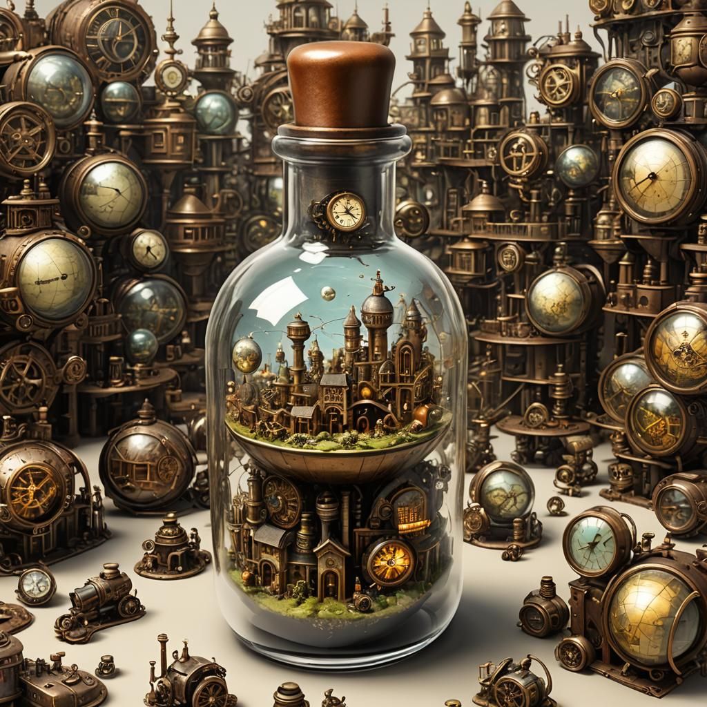 Steampunk World in a Bottle: Ultra Realistic Detail