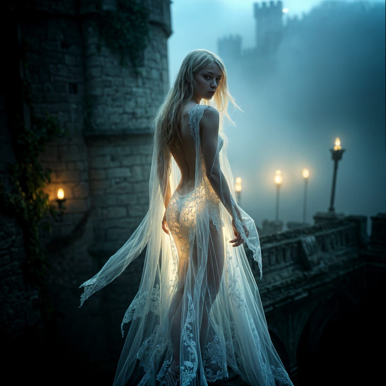 Ethereal Ghost Lady on Derelict Castle Battlements