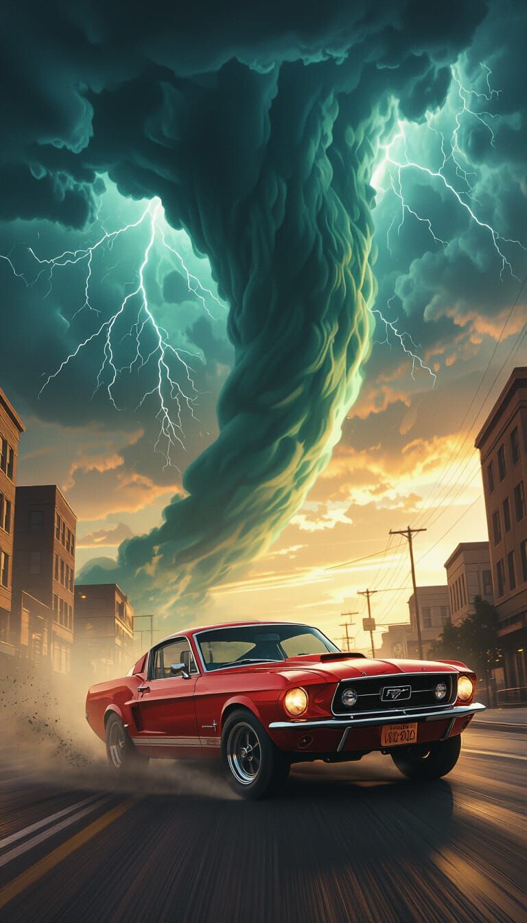 Red Mustang Races Tornado in Dramatic Concept Art