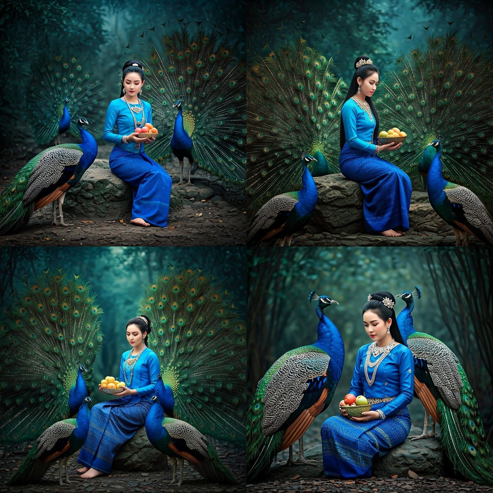 Burmese Woman with Peacocks in Blue Light