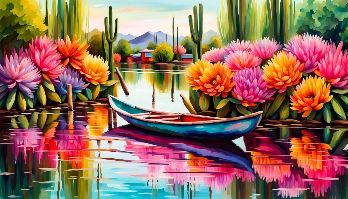 Vibrant Xochimilco Lake with Trajinera Boat in Alcohol Ink