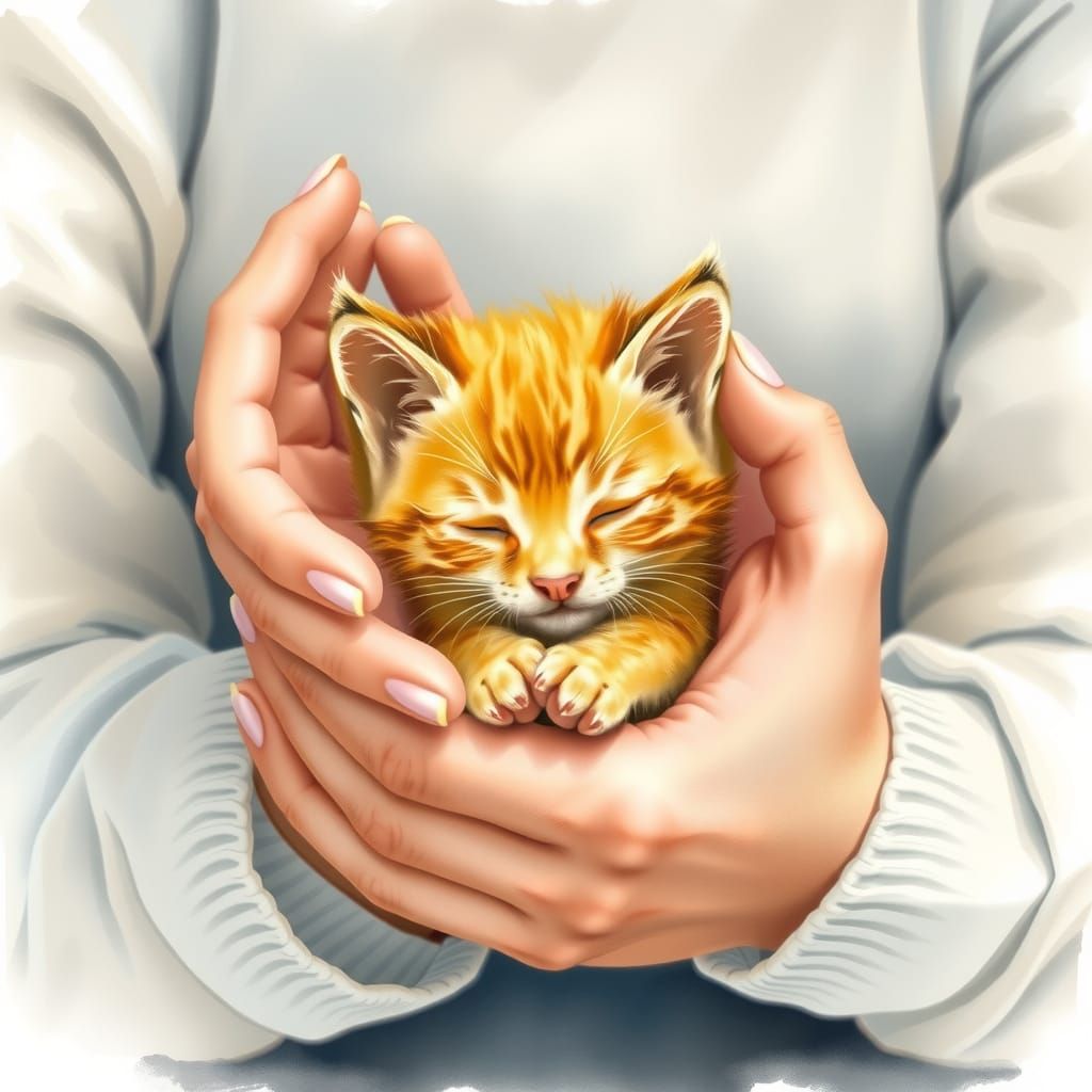 Loving Watercolor Portrait of a Human Protecting a Yellow Ki...