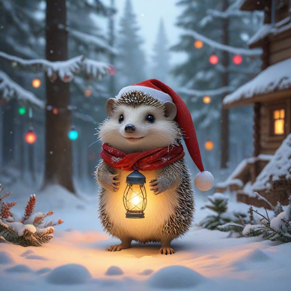 Vibrant Hedgehog in Festive Forest, Radiating Holiday Cheer