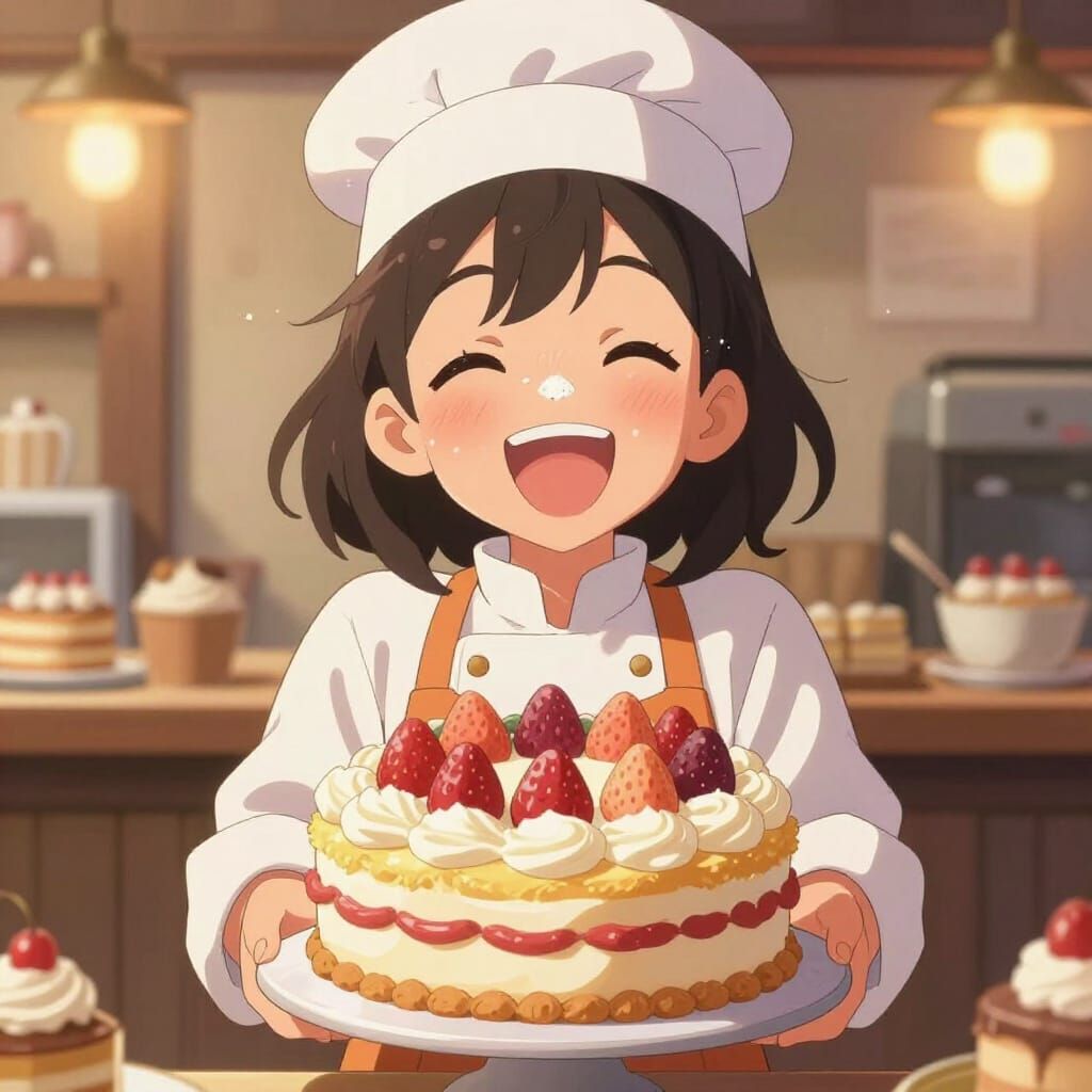 Whimsical Baker Laughing with Decorated Cake