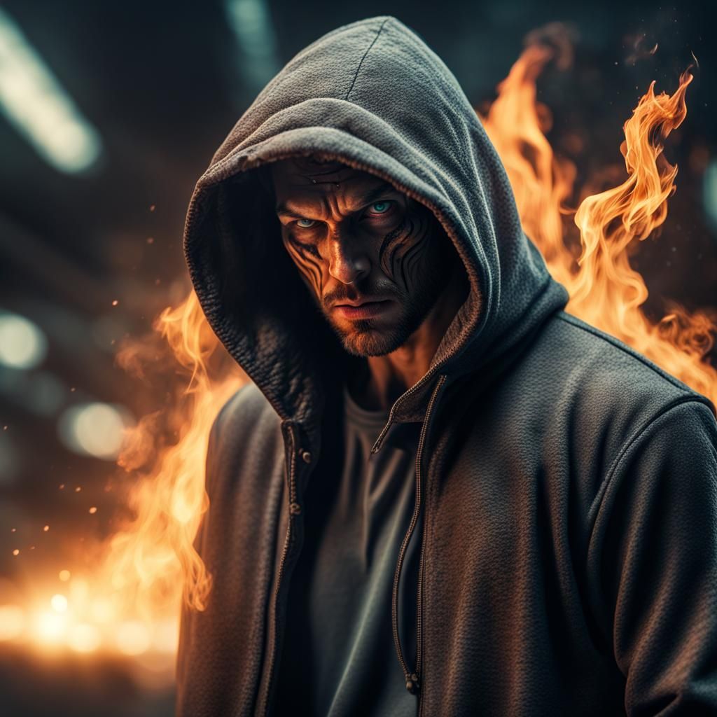 Aggressive Man with Burning Hand: Hyperrealistic Dark Fantas...