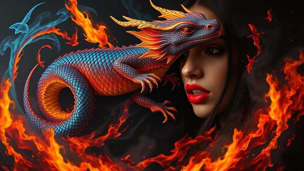 Surrealistic Portrait of a Salamander Goddess Amidst Fiery V...