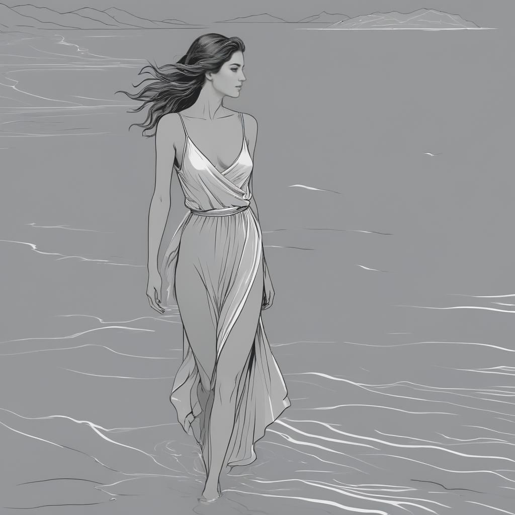 Minimalist Line Art of Greek Woman on Shore