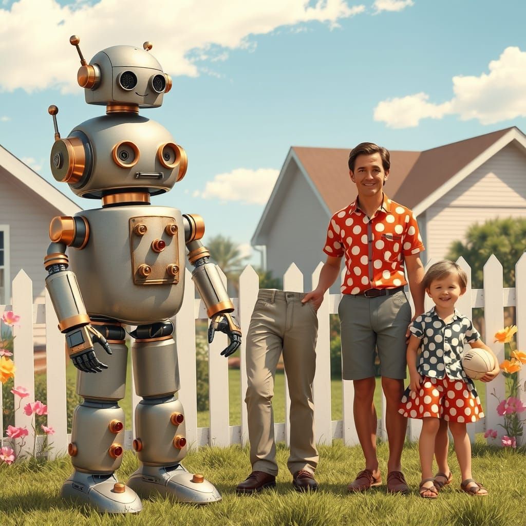 Polka Dot Robot Family in Retro Illustration