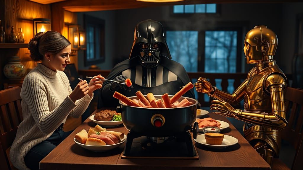 Galactic Friends Enjoy Fondue in a Cozy Mountain Lodge Setti...