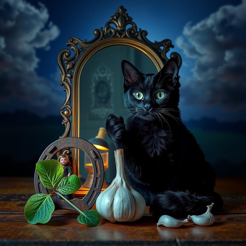 Enchanted Still Life with Black Cat and Magic Mirror