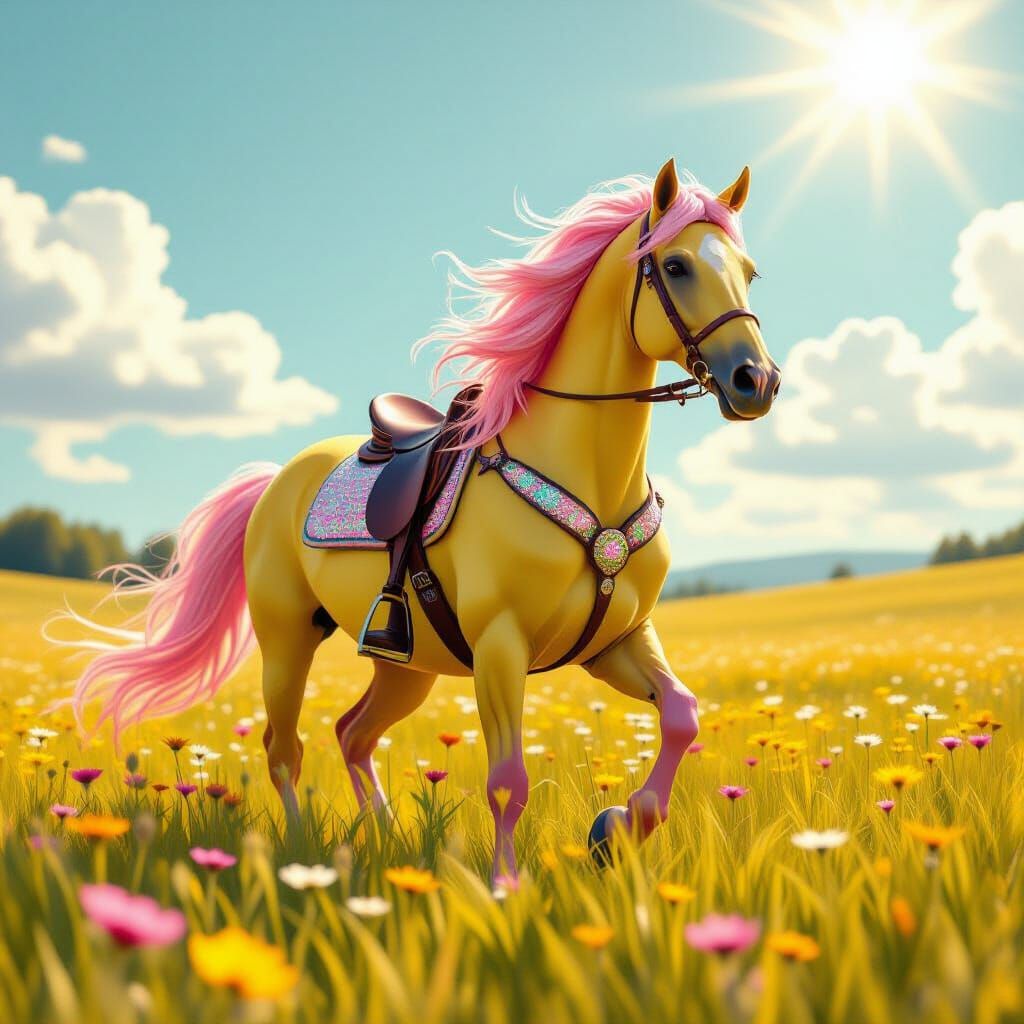 Yellow Horse with Pink Mane in Futuristic Style