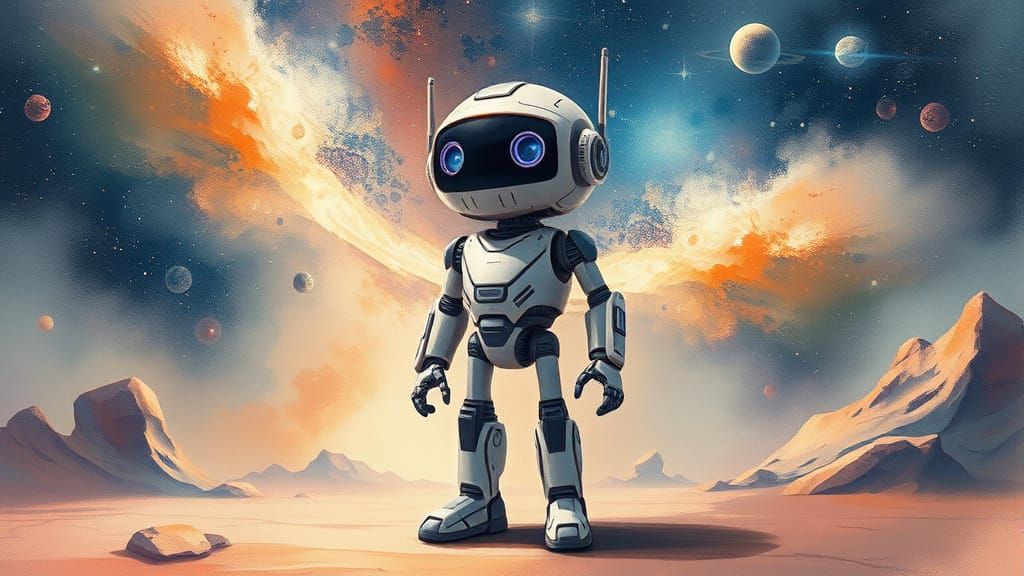 Surreal Cosmic Robot in Dreamy Abstract Landscape