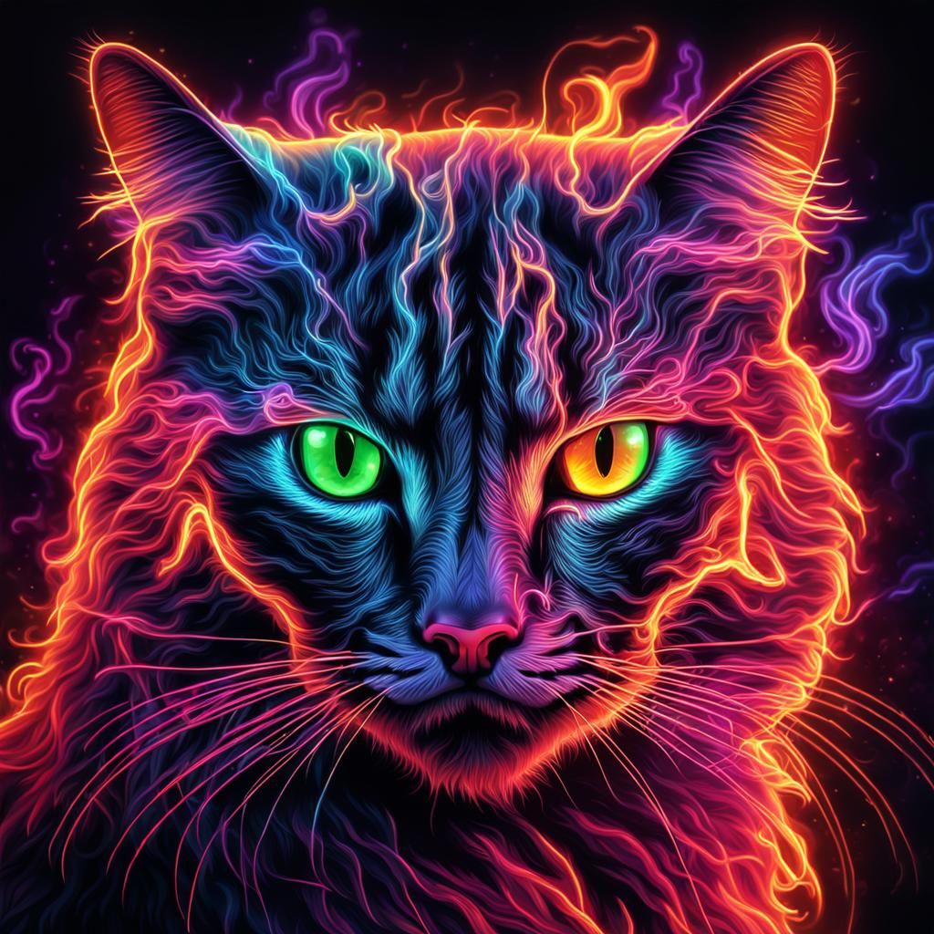 Neon Cat on Fire: Glowing 2D Art