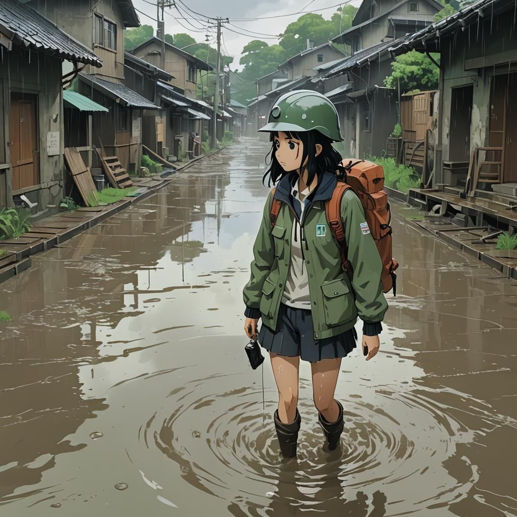 Italian Girl Geologist in Flood, Anime Style