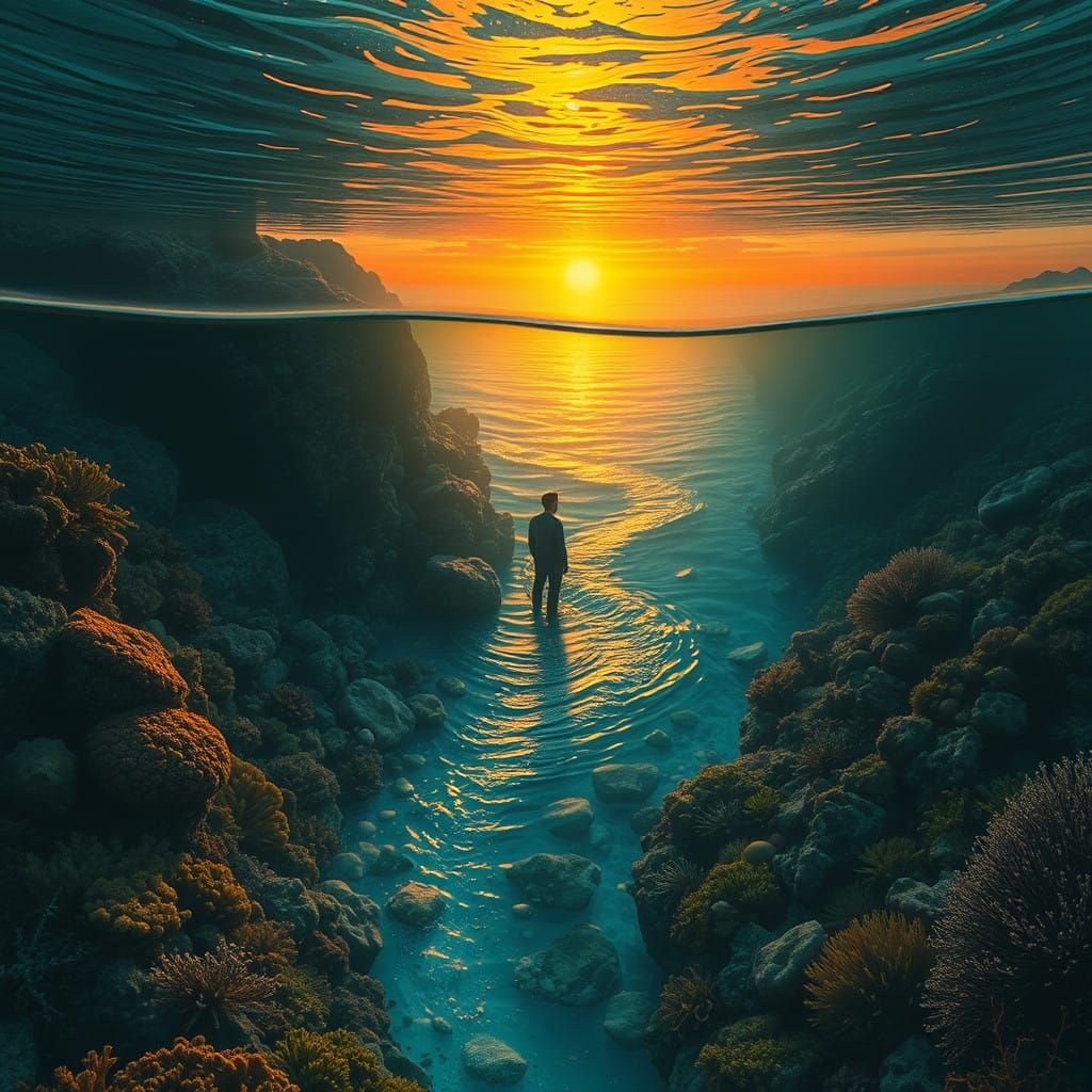 Man Contemplates Earth's Vibrant Colors in Serene Underwater...