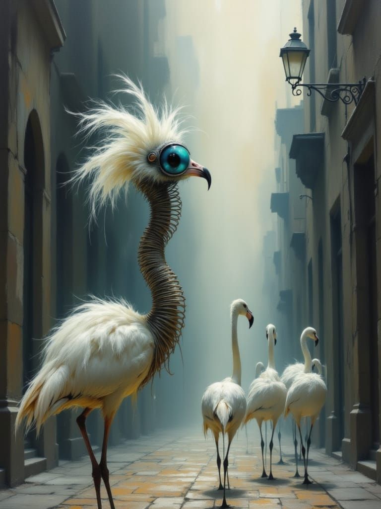 Surreal Creature with Feathered Crown and Flamingos in Dream...