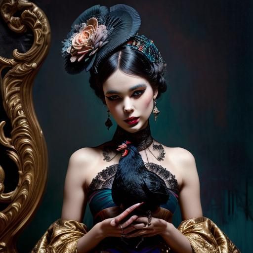 Enigmatic Noir: Figure with Black Chicken