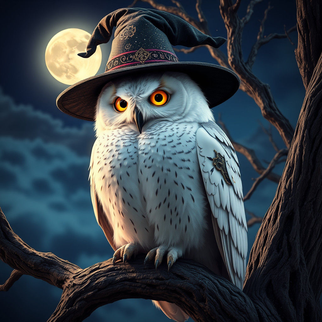 Regal Owl in Pointed Hat Perches on Ancient Tree Under Moonl...