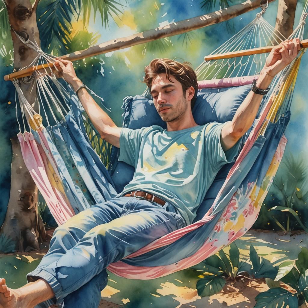 Person Relaxing in Hammock: Watercolor Pastel Art