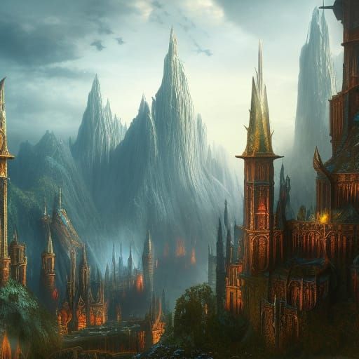 Elven Fantasy City in Detailed Matte Painting Style