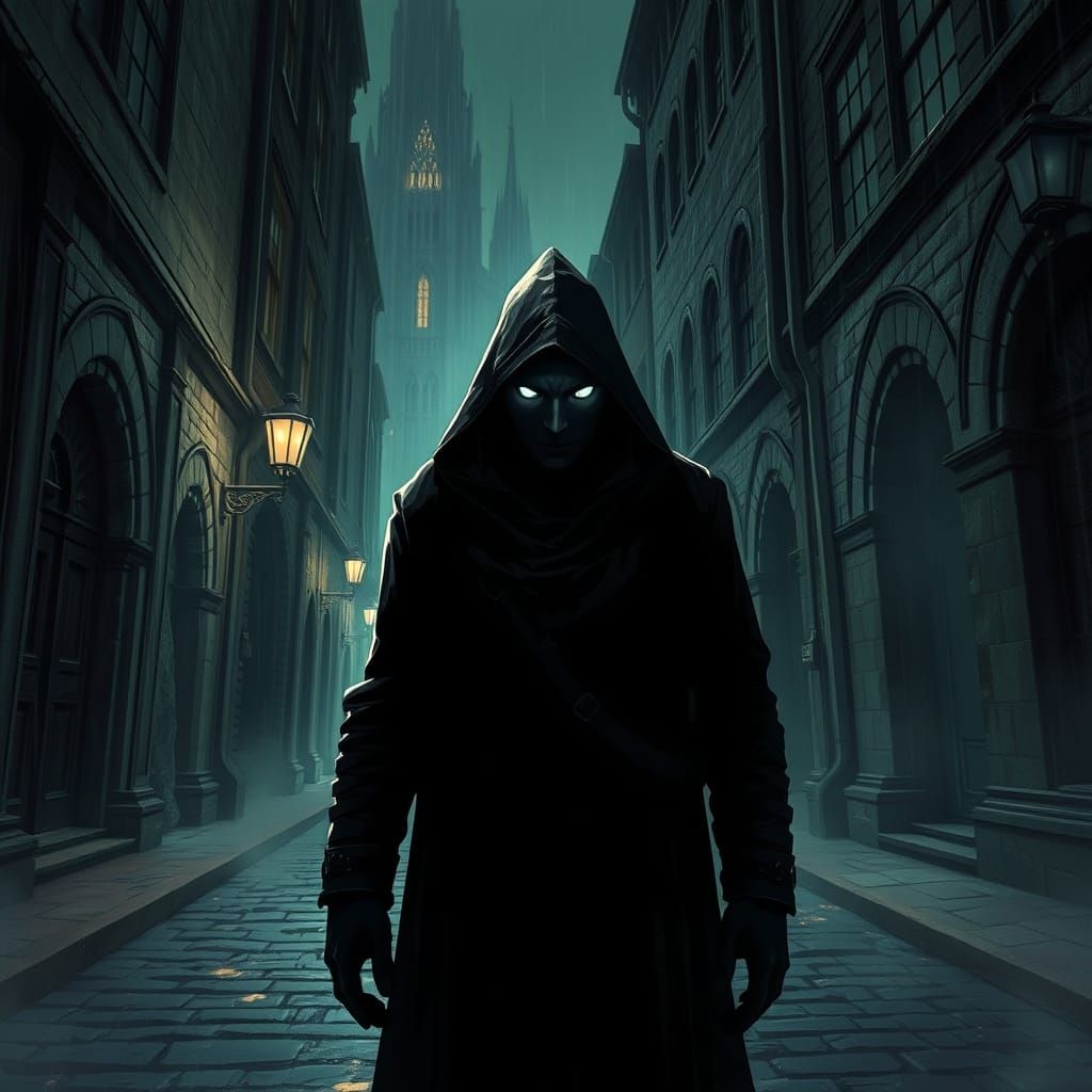 Gothic Hooded Figure in a Dark Fantasy Alleyway