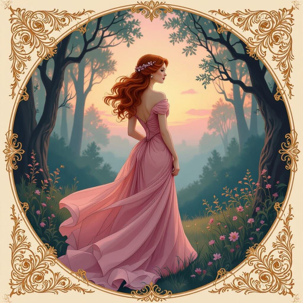 Enchanting Twilight Forest Scene with Romantic Figure