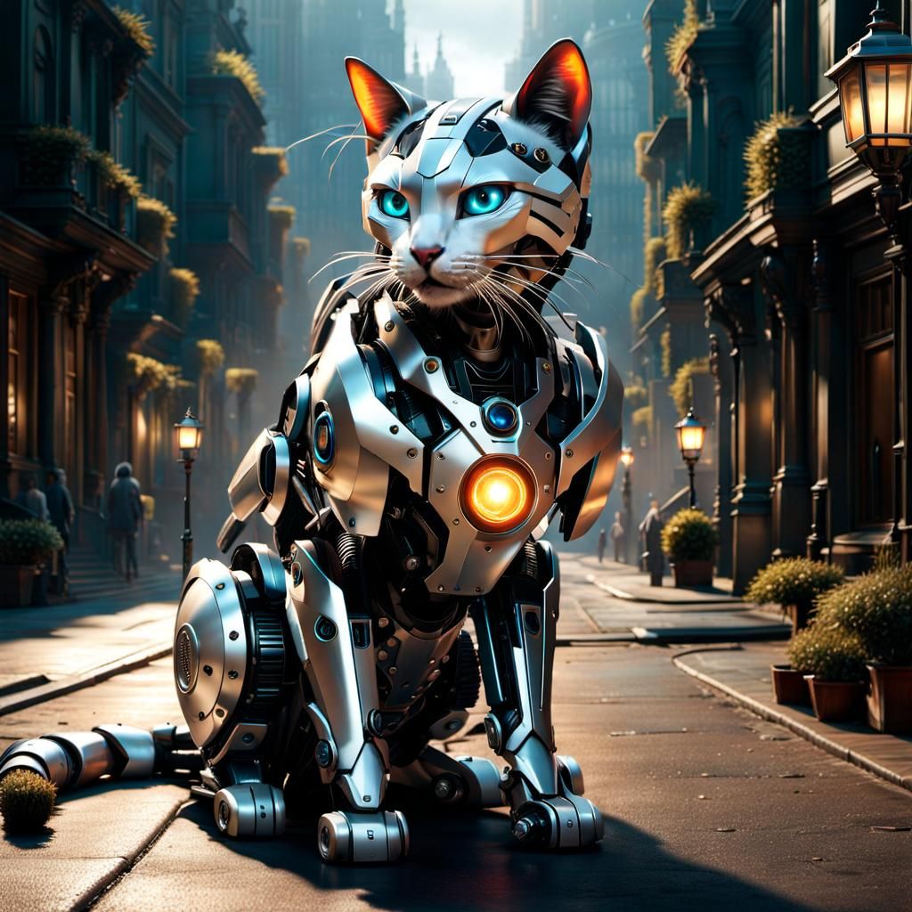 Robotic Cat Portrait with Volumetric Lighting