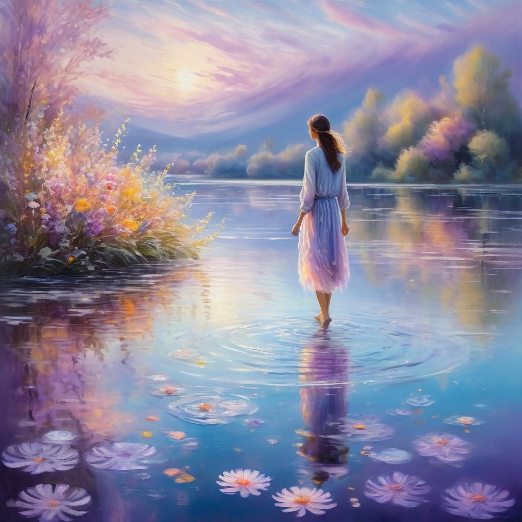 Ethereal Figure Walking on Crystal Lake: Pastel Impressionis...