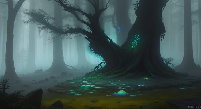 Mysterious Ancient Stone in Ethereal Forest