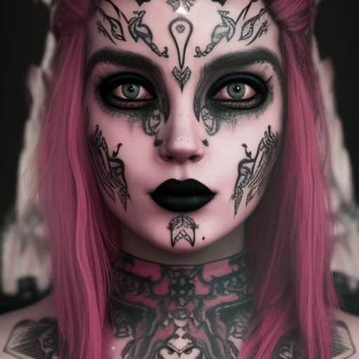 Gothic Woman with Pink Hair and Tattoos