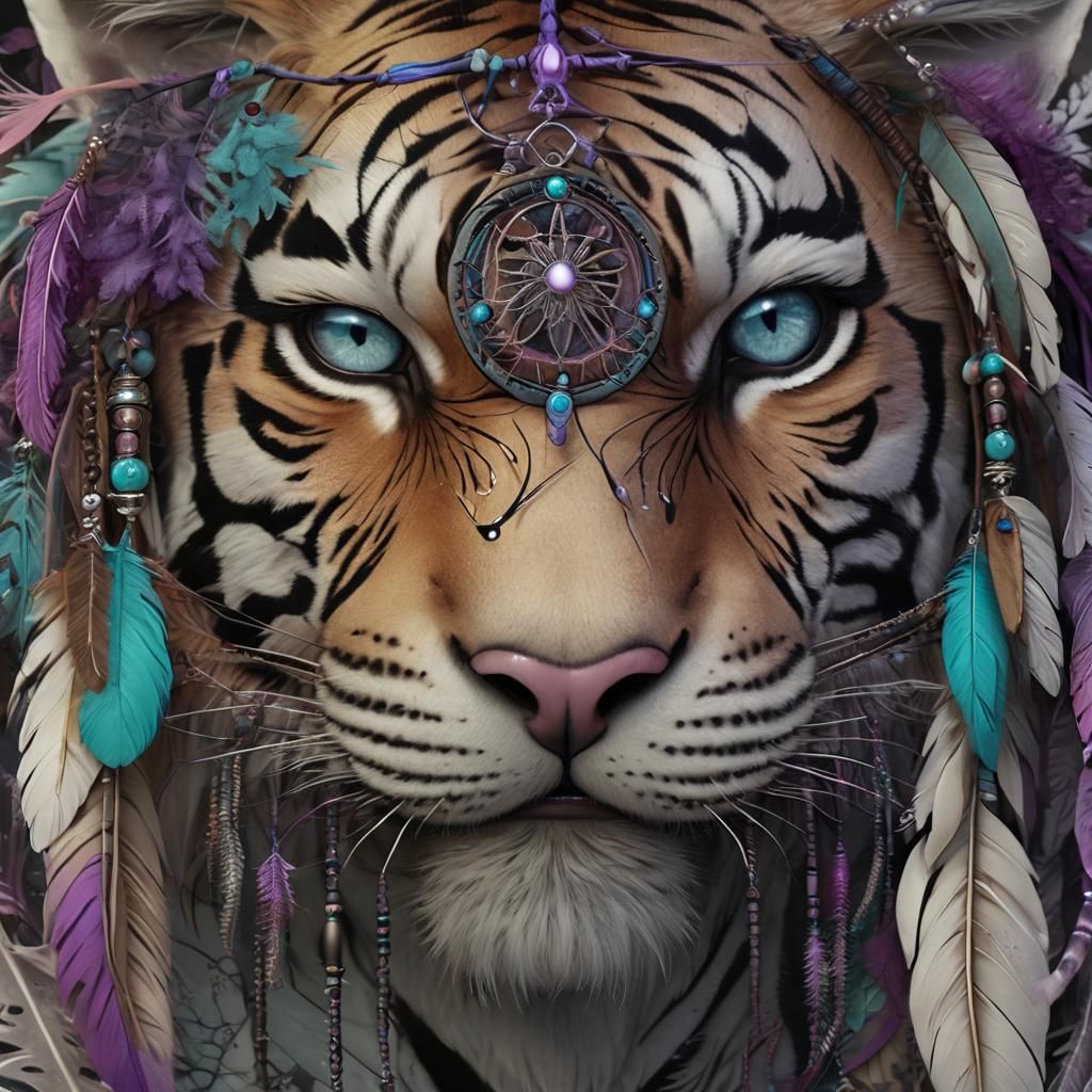 Mystical Tiger Portrait with Dream Catcher in 3D Anime Art
