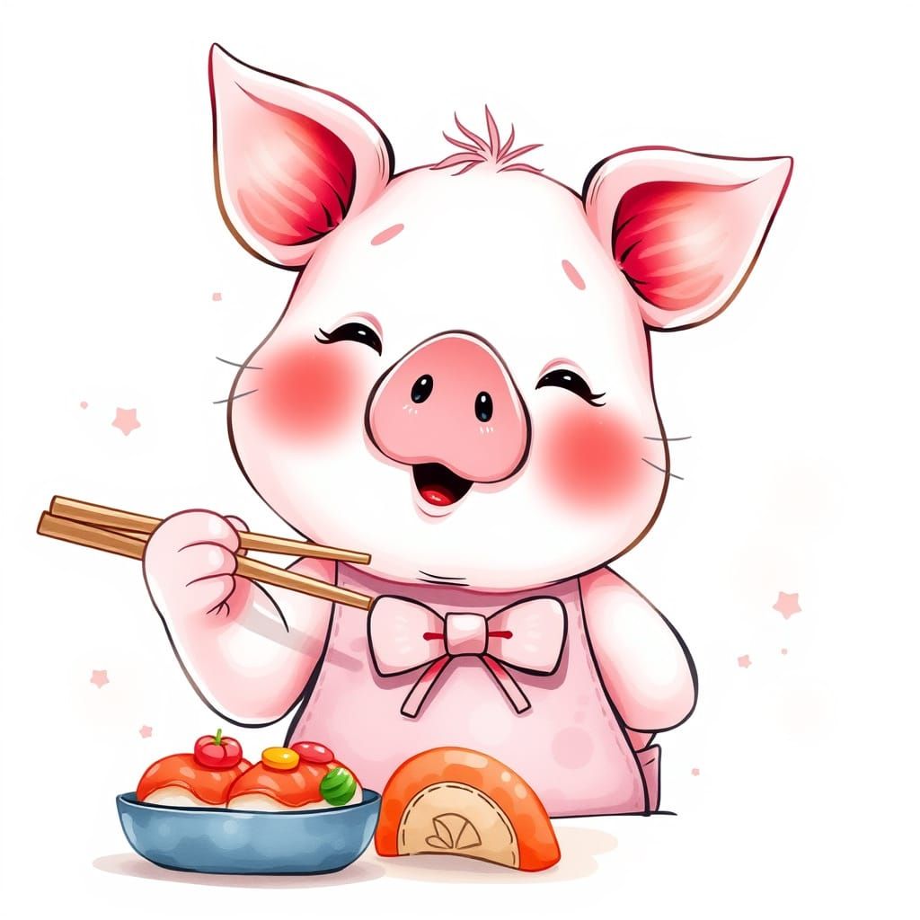 Whimsical Anime Piglet Admires Sushi in Colorful Watercolor ...