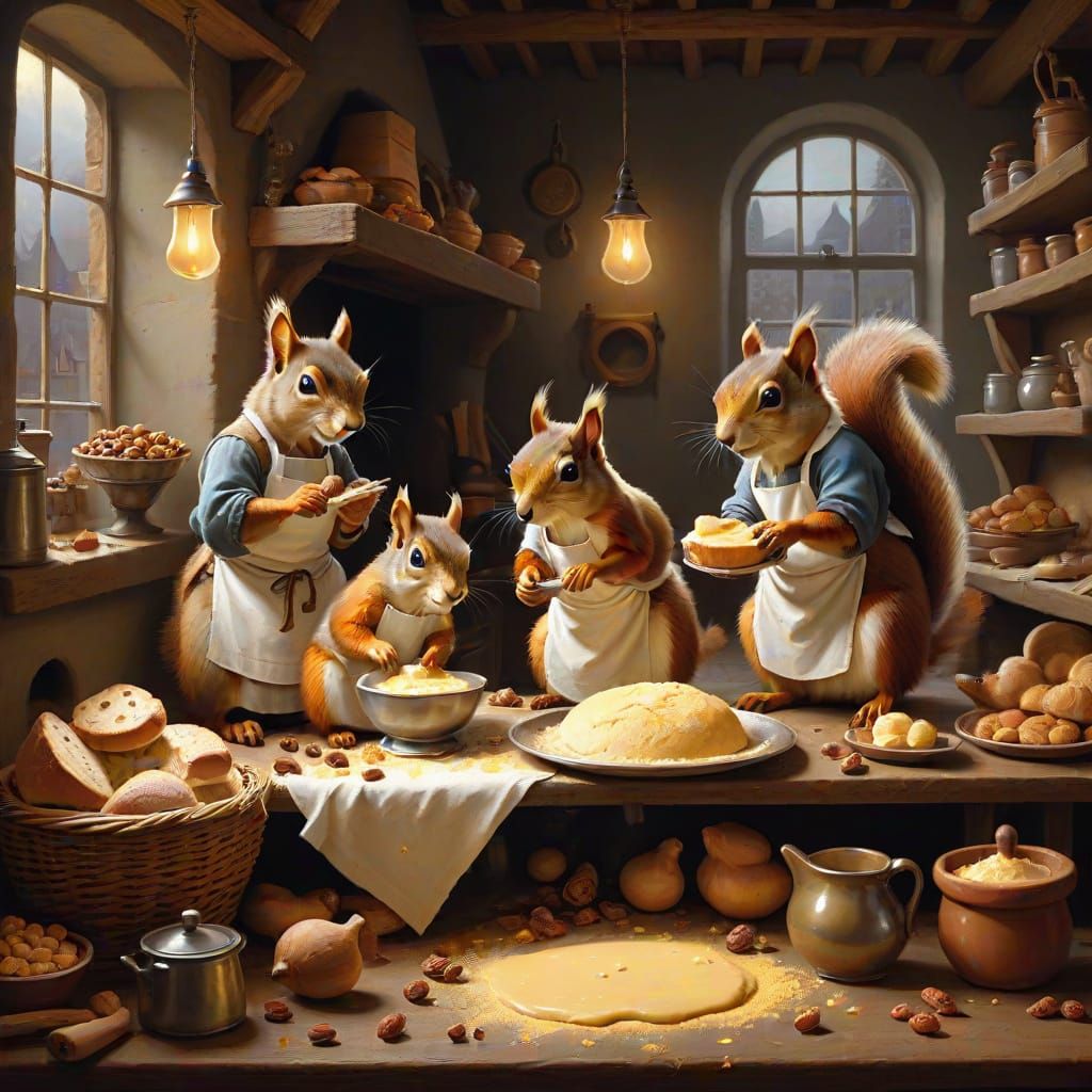 Squirrel Bakers Kneading Dough by Golden Candlelight