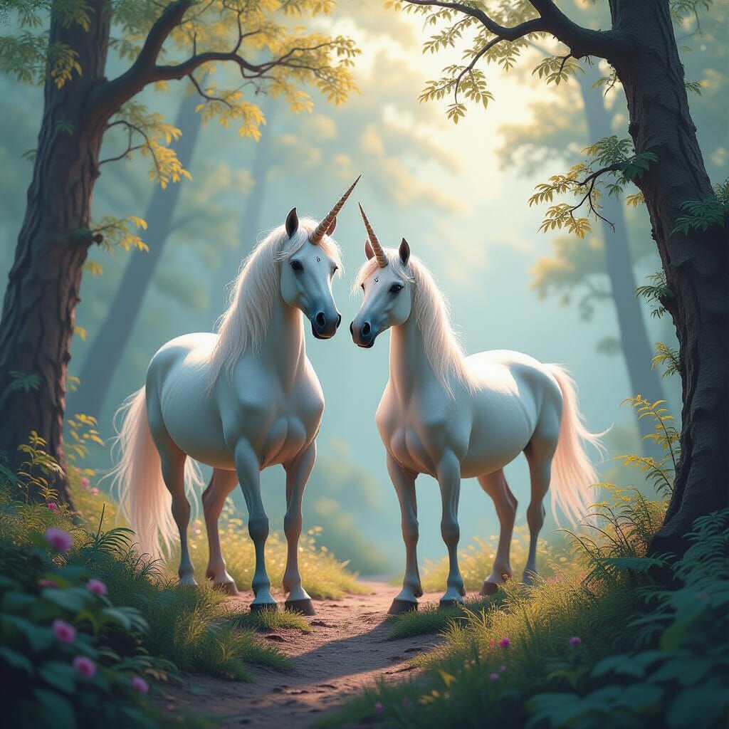 An illustration of a majestic encounter between a pegasus and a unicorn
