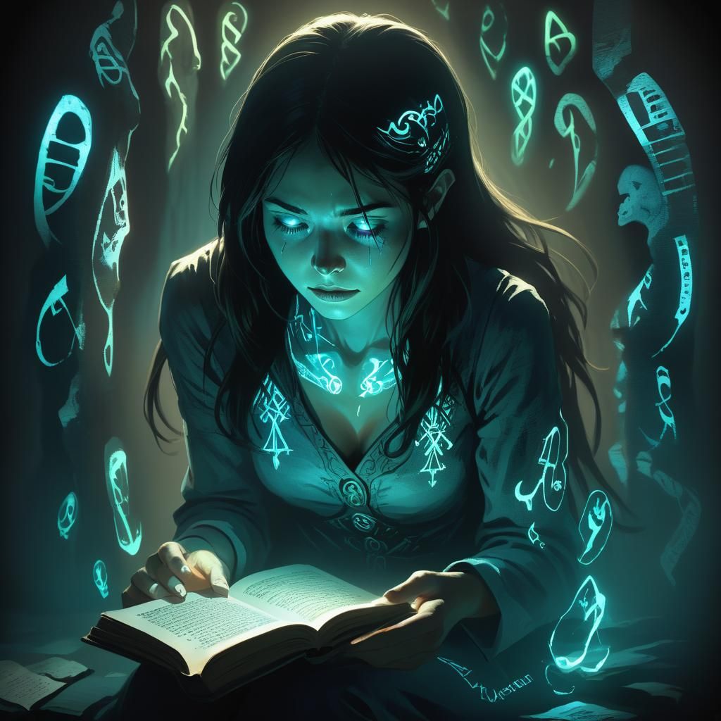 Bioluminescent Runes Illuminate Woman's Face in Shadow