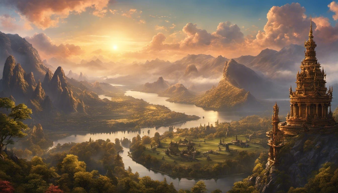 Epic River Valley with Bronze God Statues