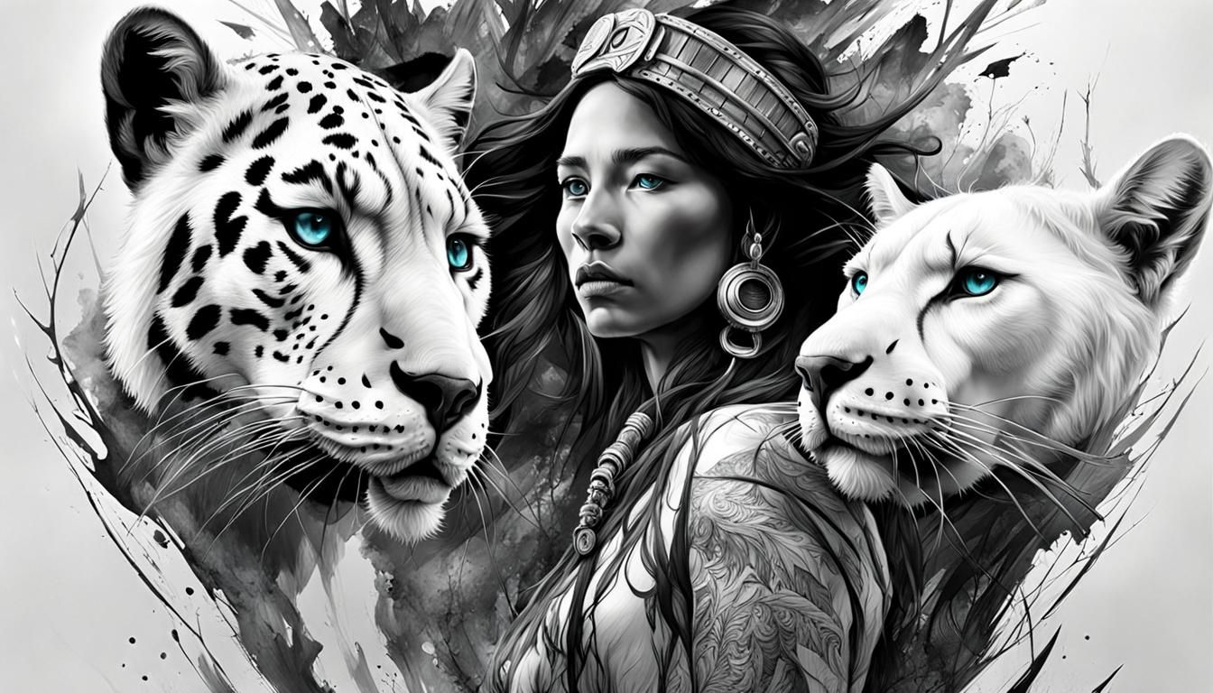 Native American Couple with White Panther in Inkblot Art