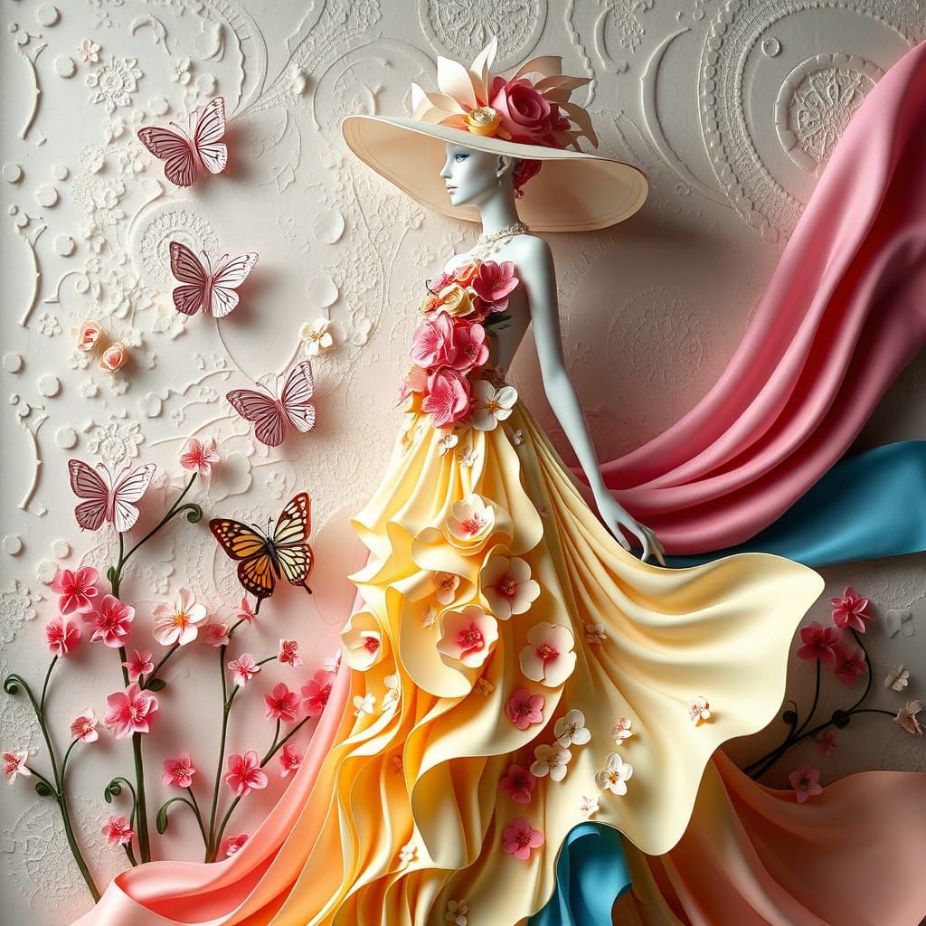 Baroque Paper Dress Sculpture with Pastel Butterflies