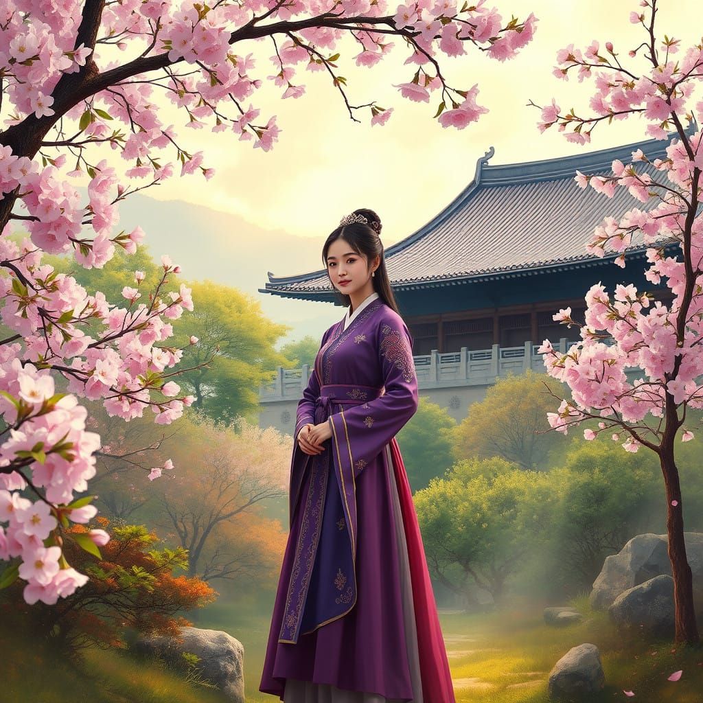 Young Lady in Traditional Korean Hanbok Amidst Blossom Fores...