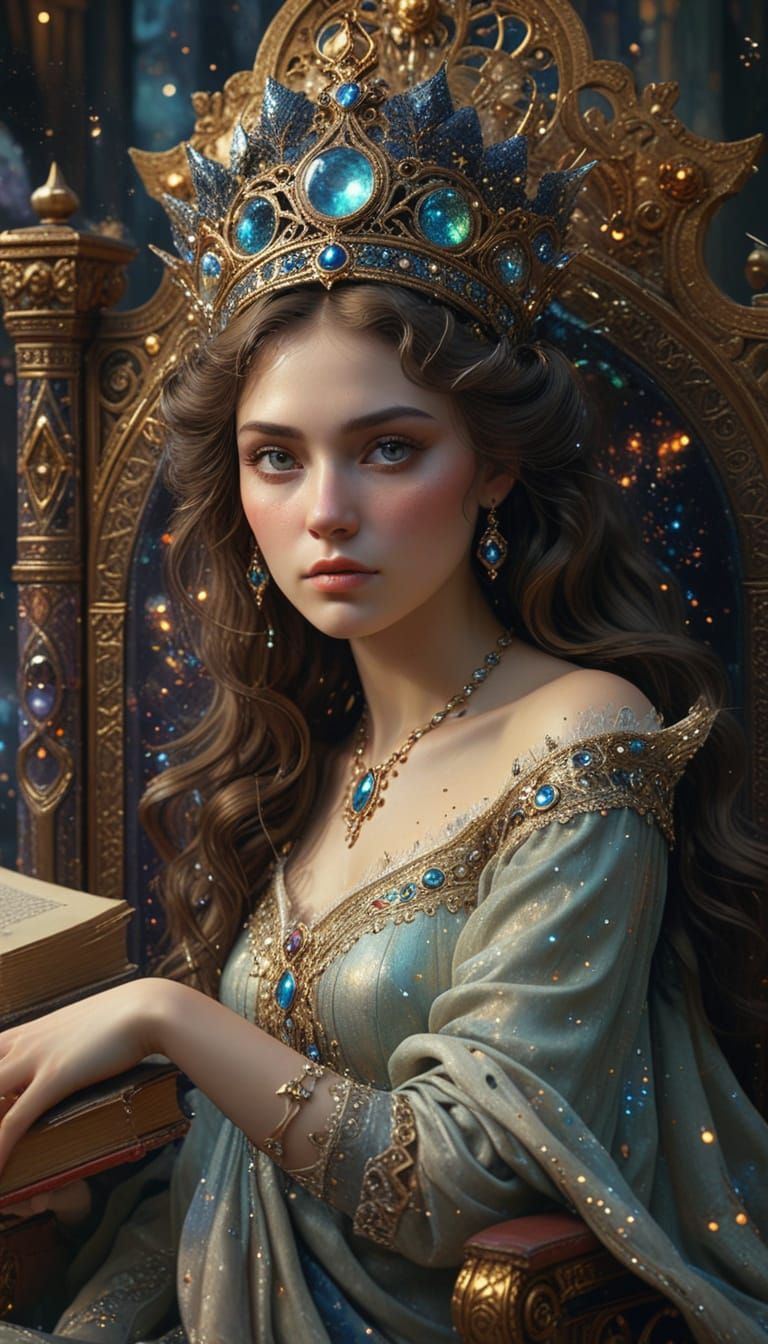 Regal Queen with Stardust Crown and Ancient Tomes