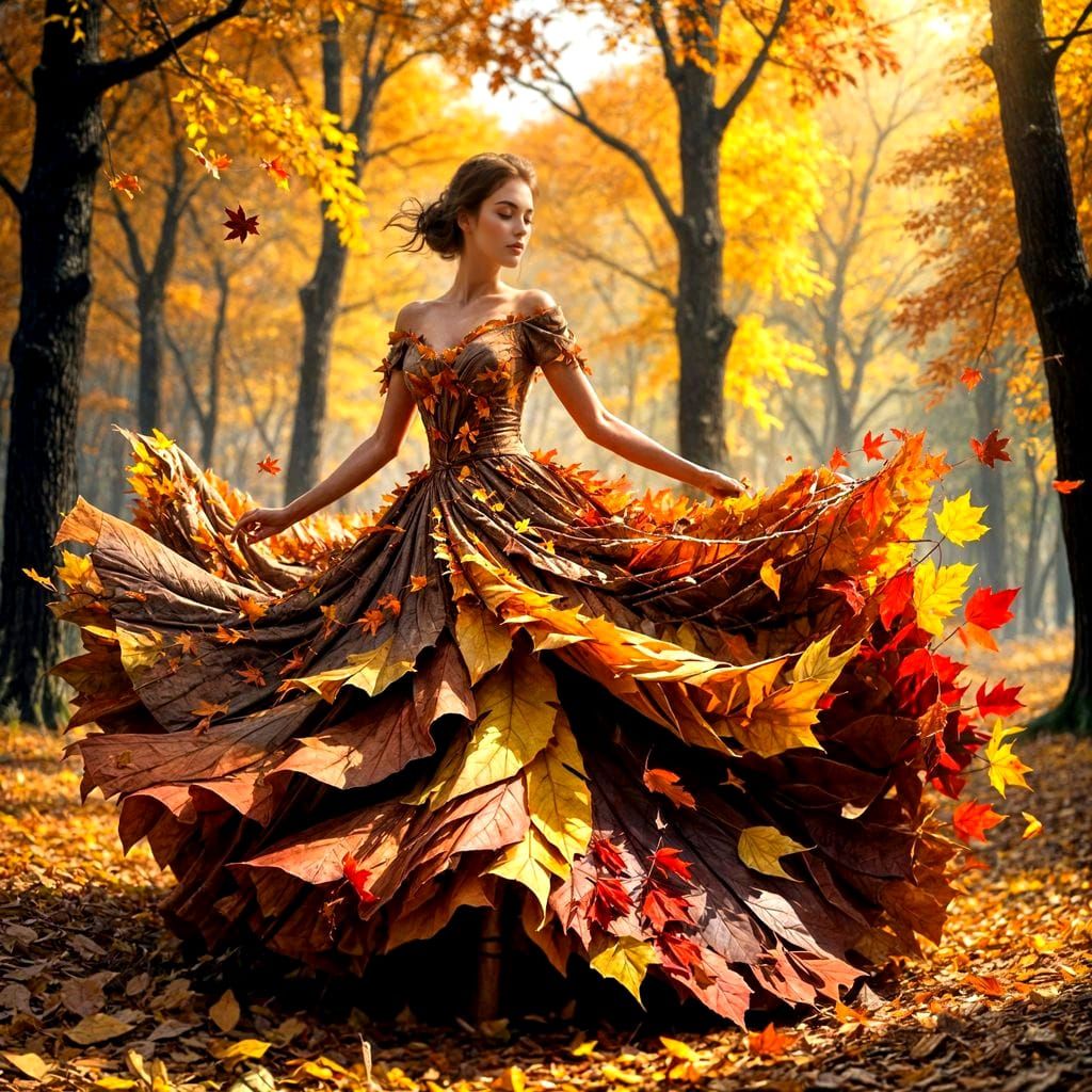 Woman Figure Formed by Swirling Autumn Leaves in Forest
