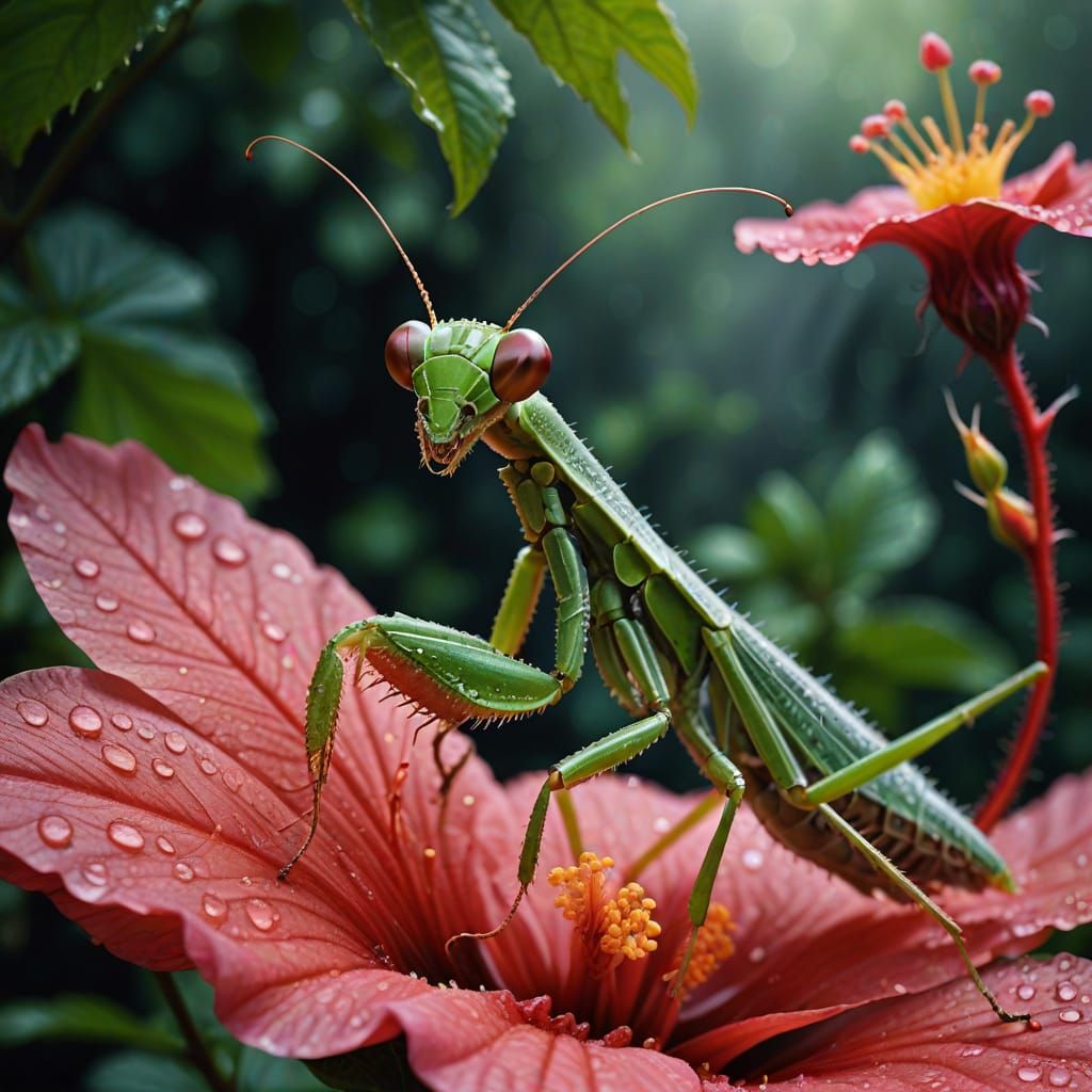 Hyperrealistic Close-up of Dew-Covered Praying Mantis on Vib...