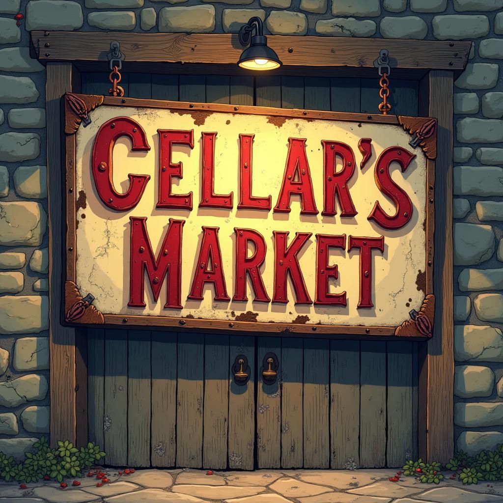 Vintage Sign for Cellar's Market in Anime Style