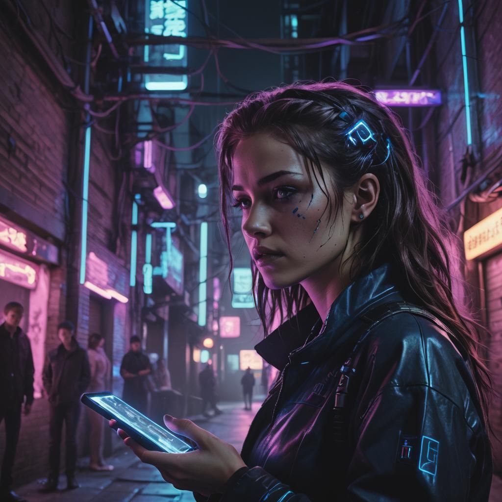 Cyberpunk Telepathic Woman in Neon-Lit Alleyway